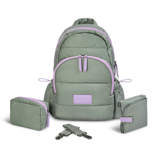Green backpack with purple accents and matching pouches on a white background