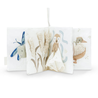Children's soft book with animal illustrations on a white background