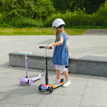 Child with a helmet standing next to a scooter on a paved area with greenery in the background
