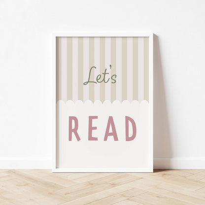 Framed poster with 'Let's Read' text on a striped background