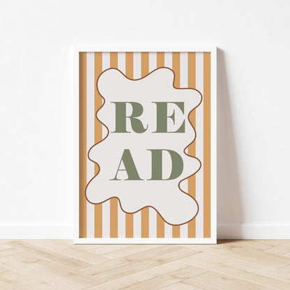 Decorative wall art with striped pattern and 'READ' text on a white background