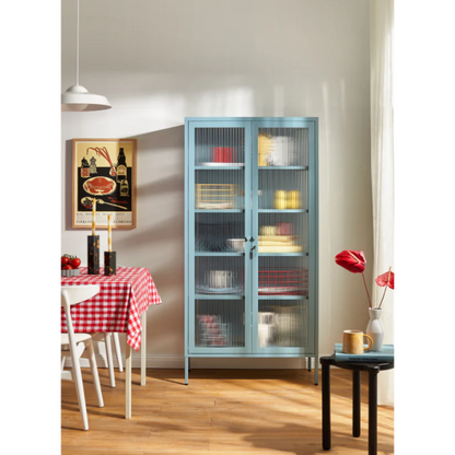 Ocean blue cabinet in a dining room area