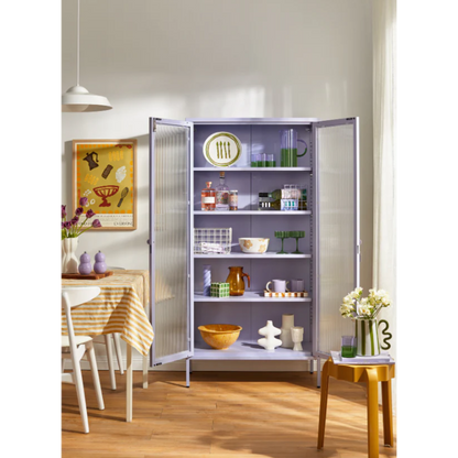 Purple cabinet opened glass door panels