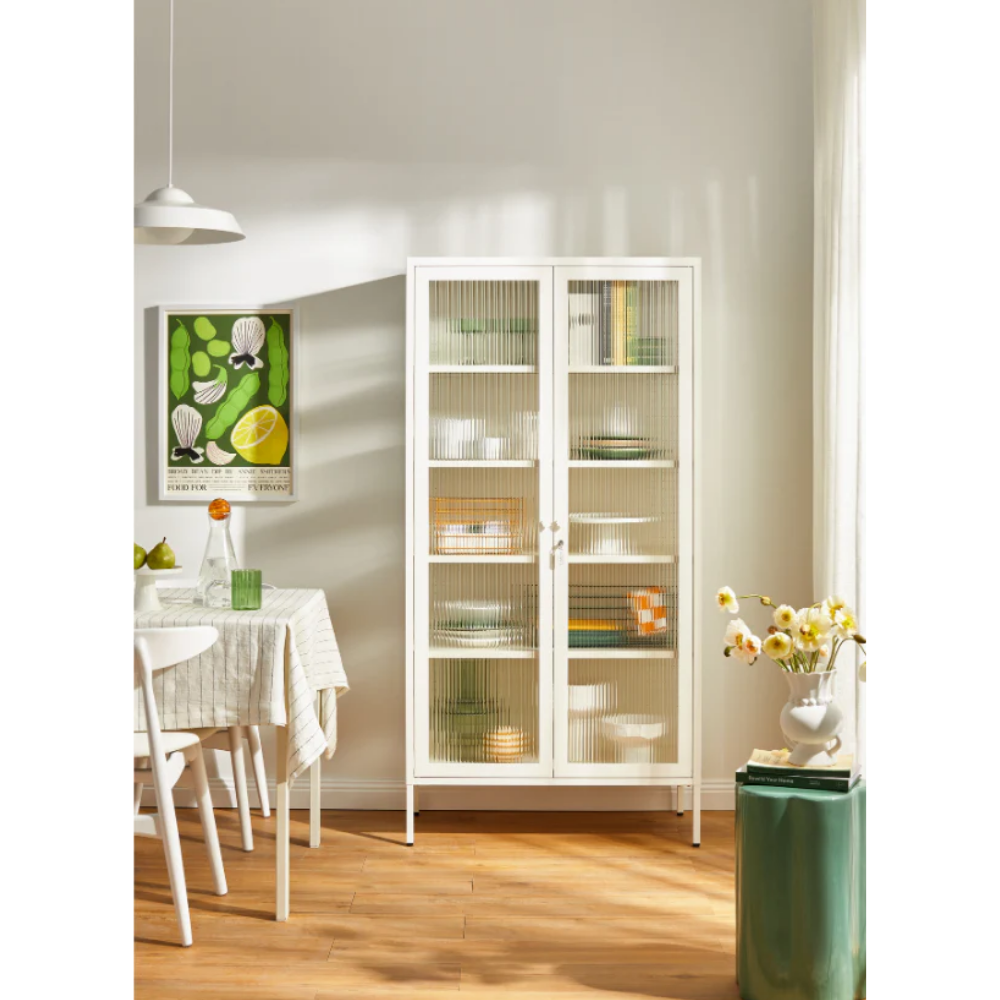 Chalk cabinet with glass panels in a dining room