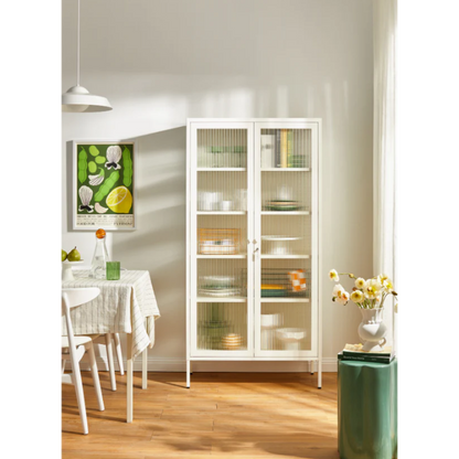 Chalk cabinet with glass panels in a dining room