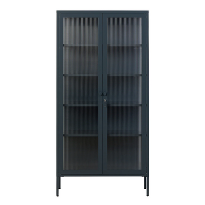 Navy cabinet with glass panels on a white background
