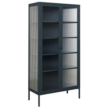 Navy cabinet with glass panels on a white background