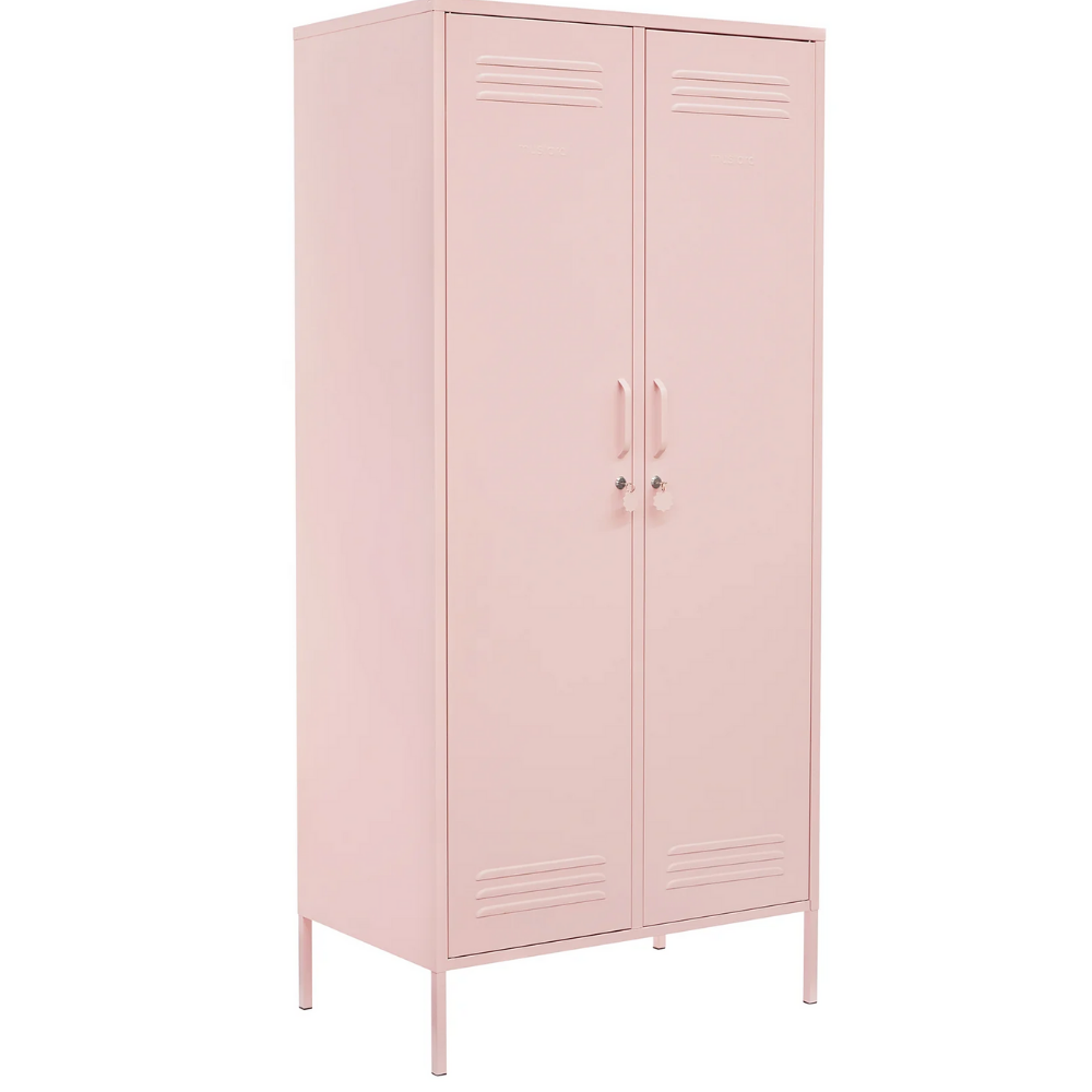 Pink metal locker with two doors on a white background