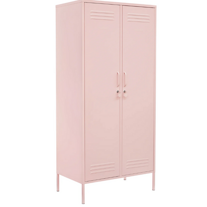 Pink metal locker with two doors on a white background