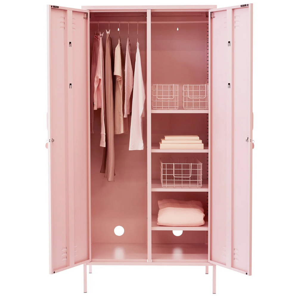 Pink locker with clothes and shelves on a white background