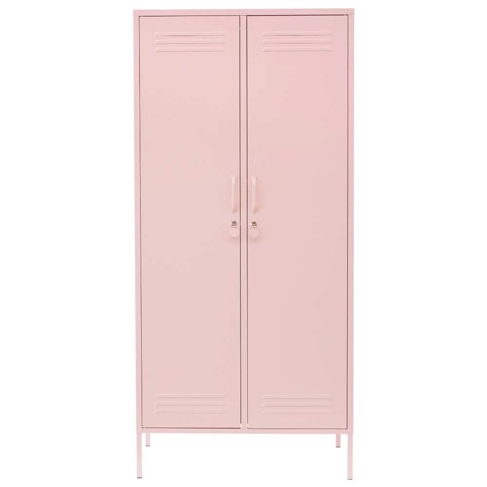 Pink metal locker with two doors on a white background