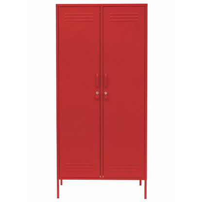 Red metal locker with two doors on a white background