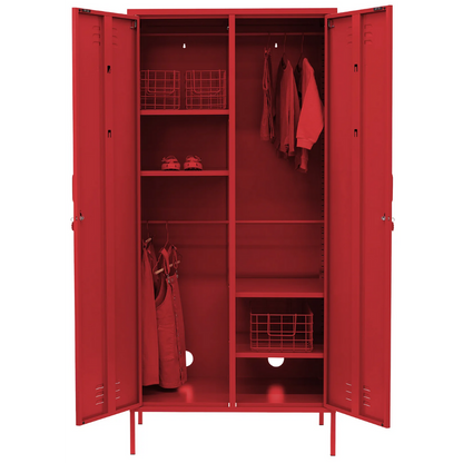 Red locker with open doors showing shelves and clothes inside on a white background