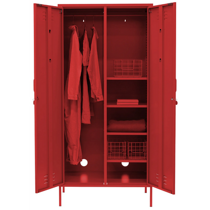 Red locker with clothes and shelves on a white background