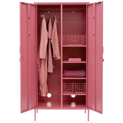 Pink locker with clothes and shelves on a white background