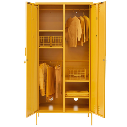 Yellow locker with clothes and shelves on a white background