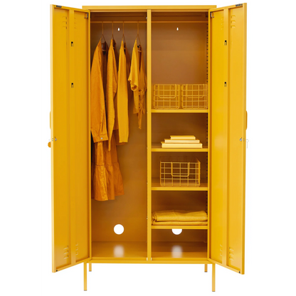 Yellow locker with clothes and shelves on a white background