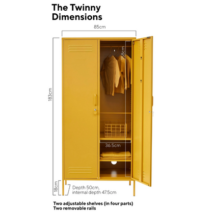 Yellow locker with dimensions labeled on a white background