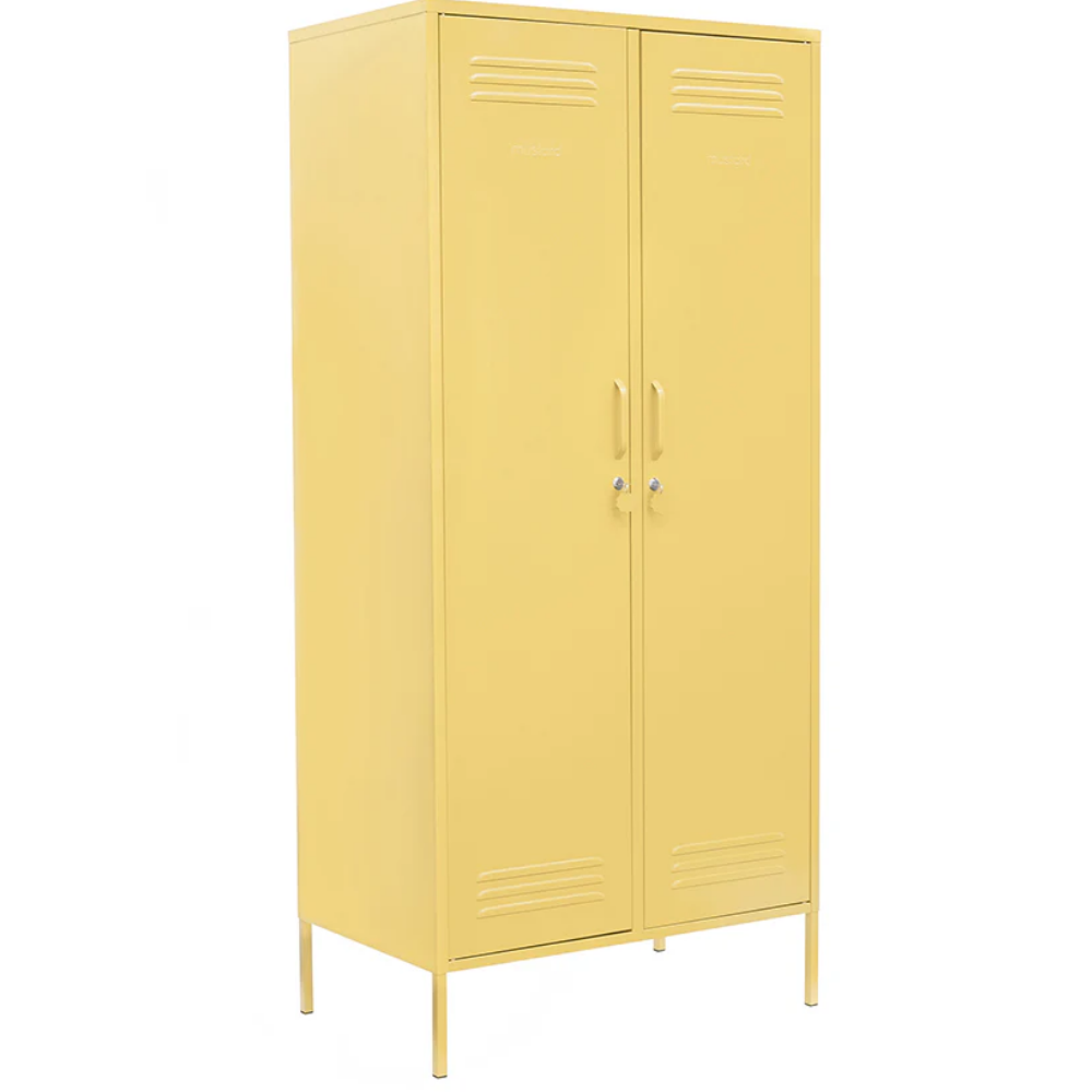 Yellow metal locker with two doors on a white background