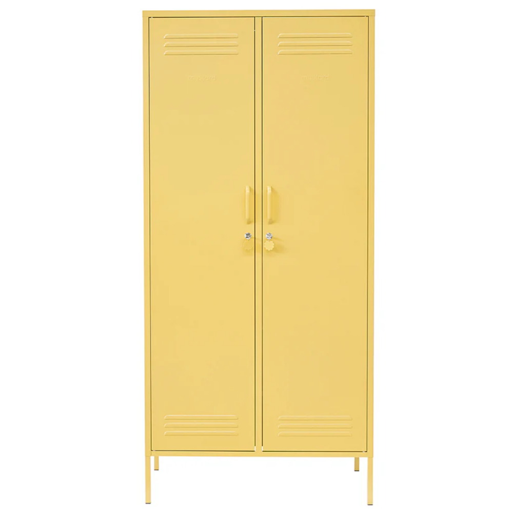 Yellow metal locker with two doors on a white background