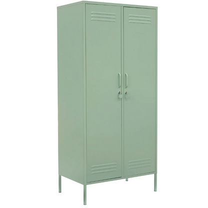 Green metal locker with two doors on a white background