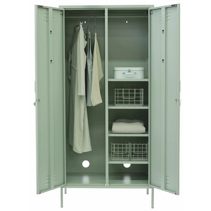 Green locker with clothes and storage baskets on a white background