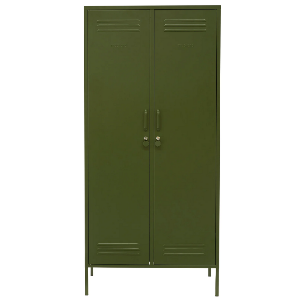 Green metal locker with two doors on a white background