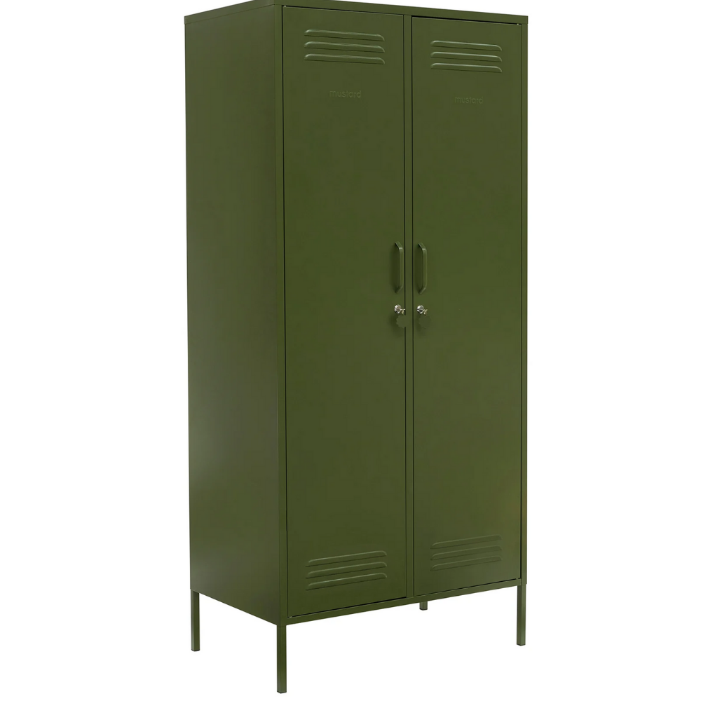 Green metal locker with two doors on a white background