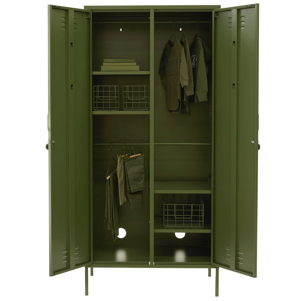 Green metal locker with clothes and items inside on a white background