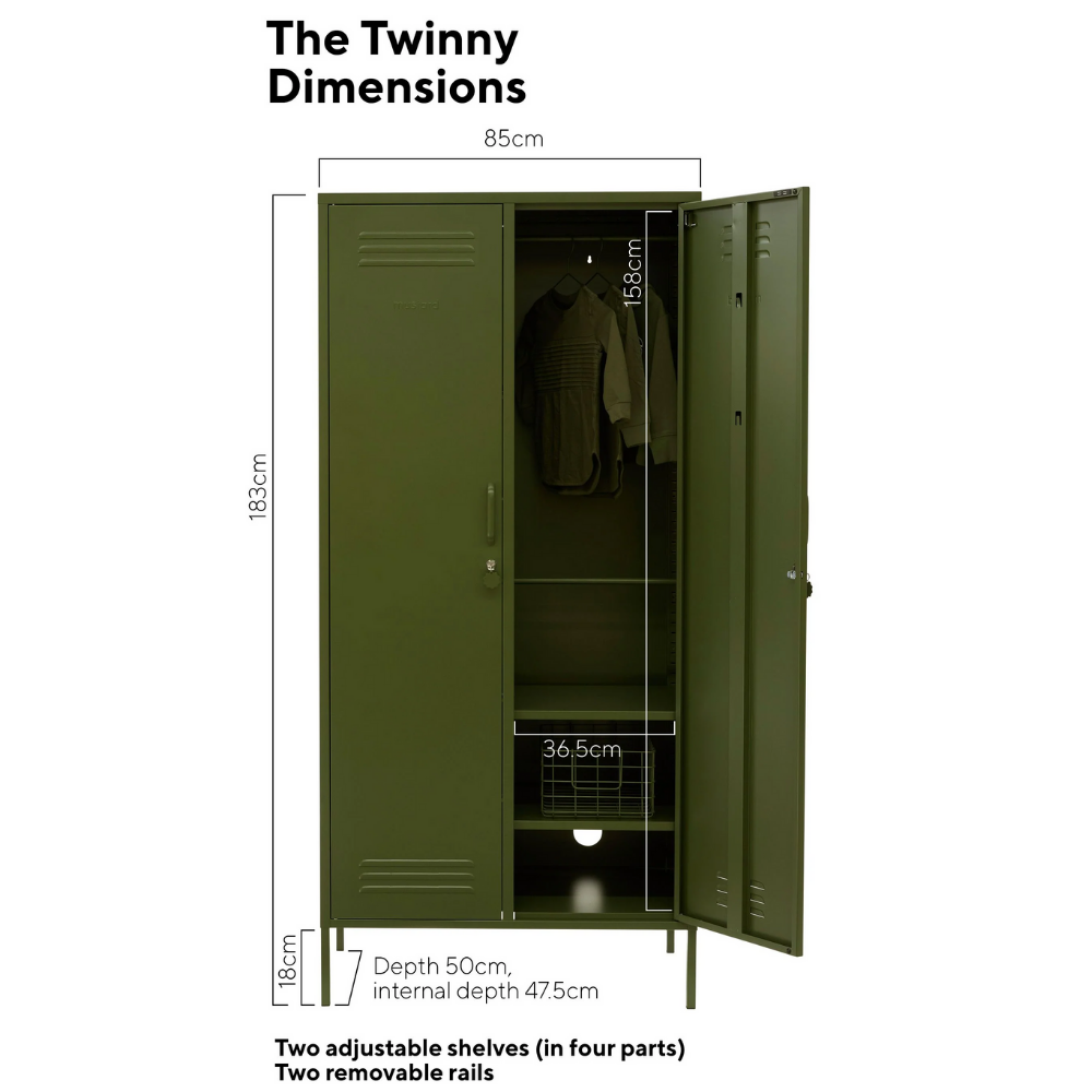 Green locker with dimensions labeled on a white background