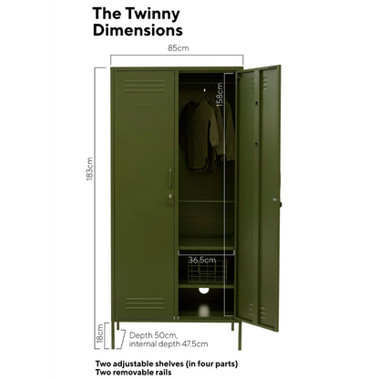 Green locker with dimensions labeled on a white background