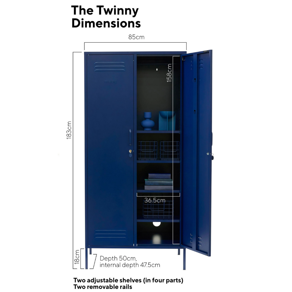 Blue locker with dimensions labeled on a white background