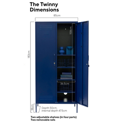 Blue locker with dimensions labeled on a white background