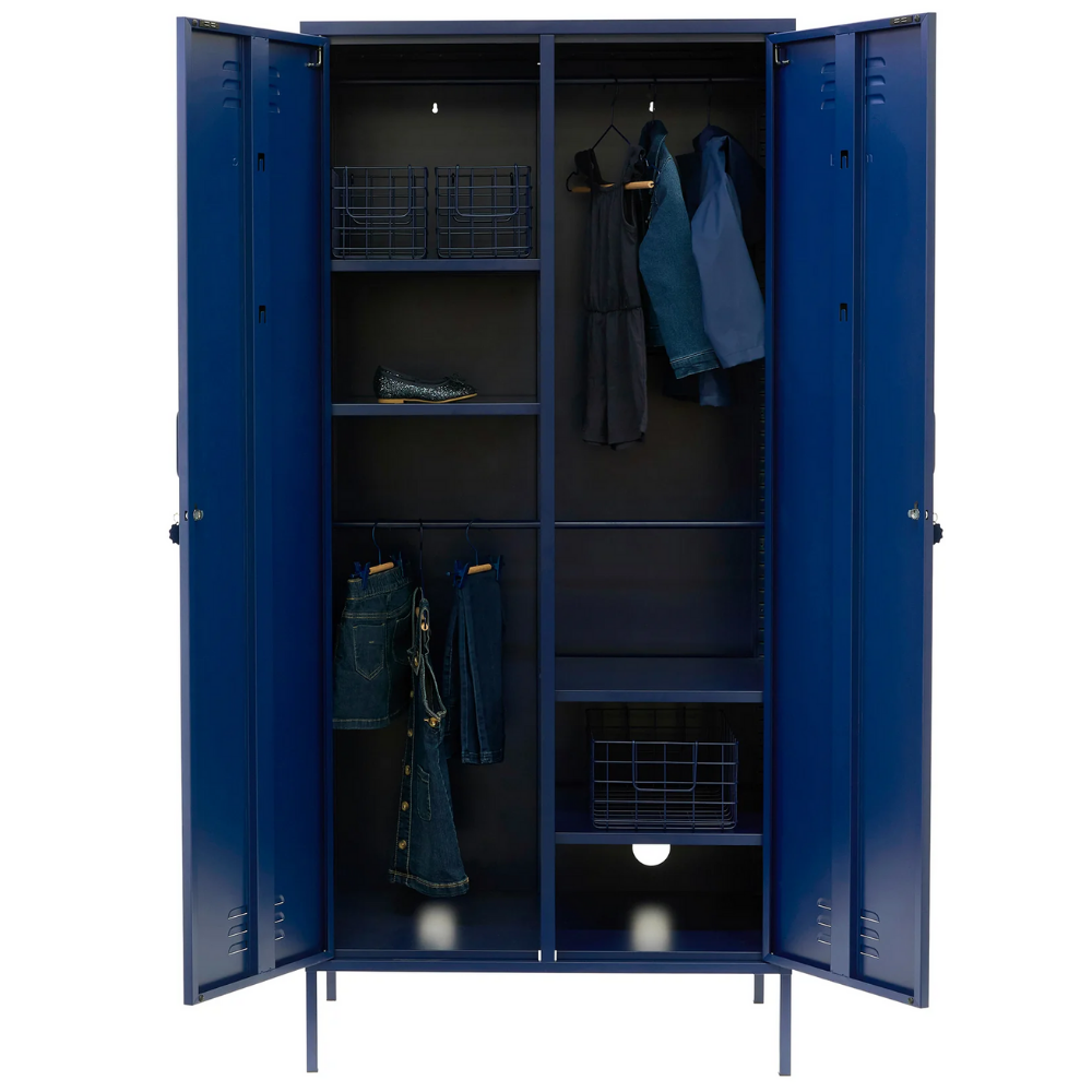 Blue locker with clothes and items inside on a white background