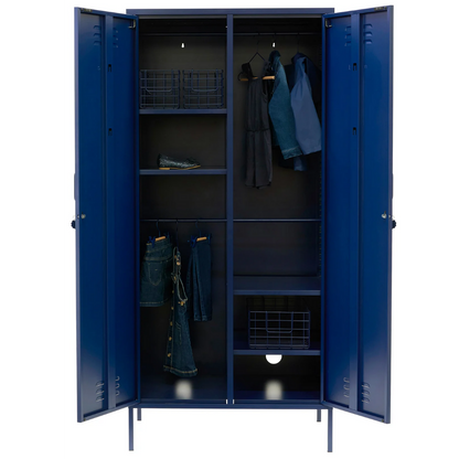Blue locker with clothes and items inside on a white background