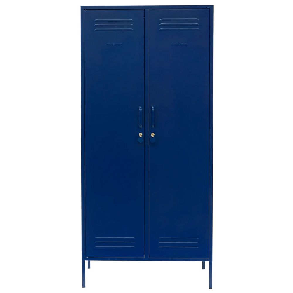 Blue metal locker with two doors on a white background