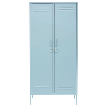 Light blue metal locker with two doors on a white background
