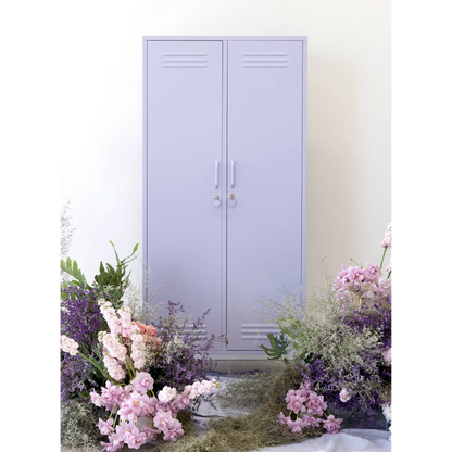 Purple locker with floral decorations on a white background