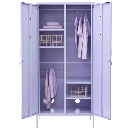 Purple locker with clothes and shelves on a white background