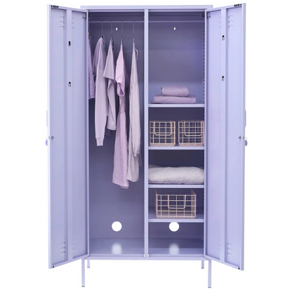Purple locker with clothes and shelves on a white background