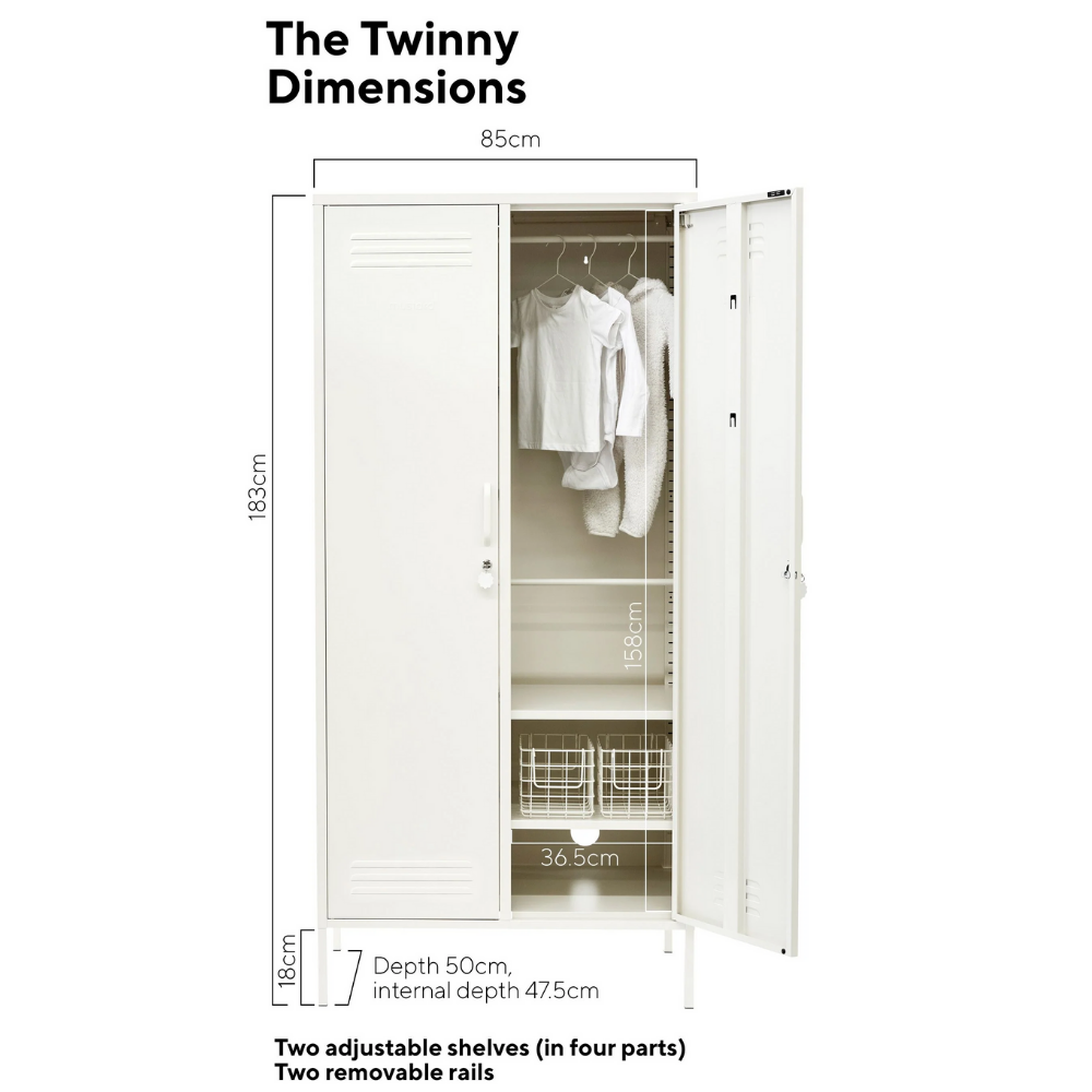 Dimensions of a wardrobe labeled 'The Twinny Dimensions' with open doors showing clothes and shelves.