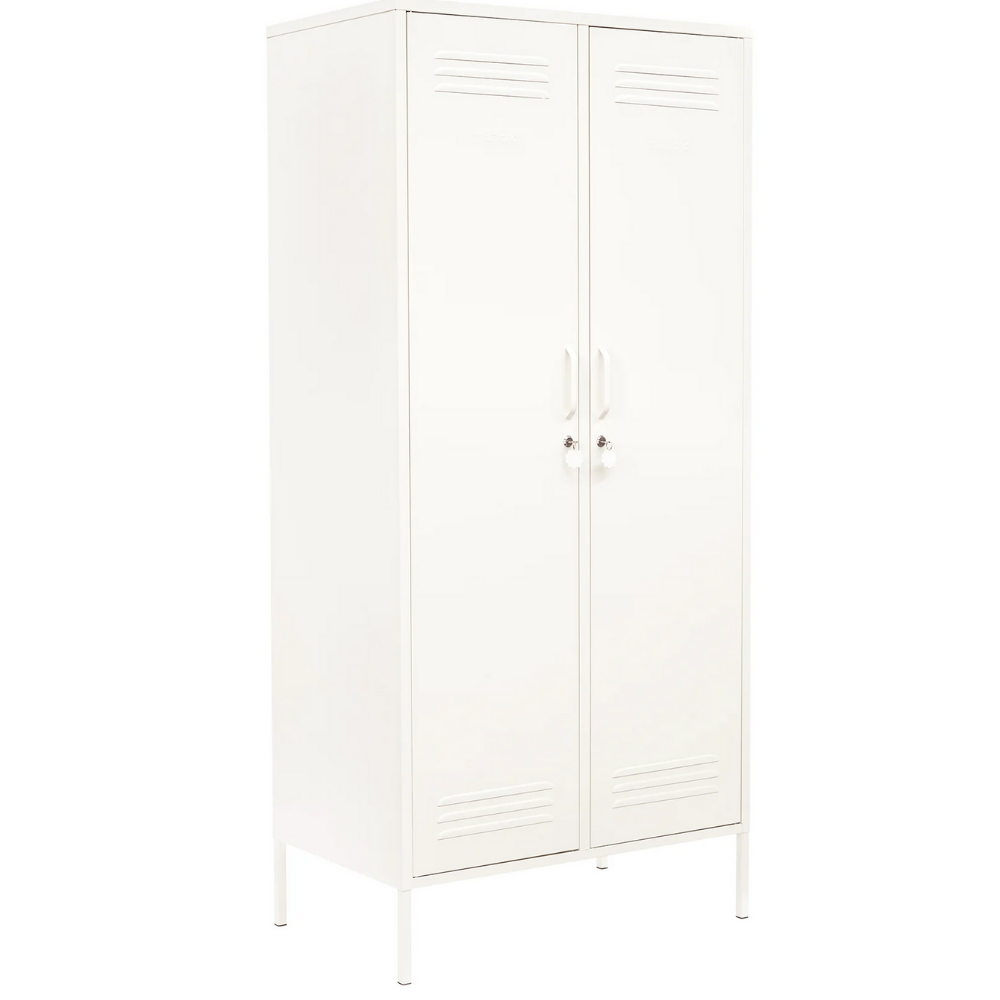 White metal storage cabinet with two doors on a white background