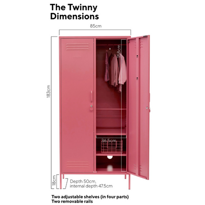 Pink locker with dimensions labeled on a white background