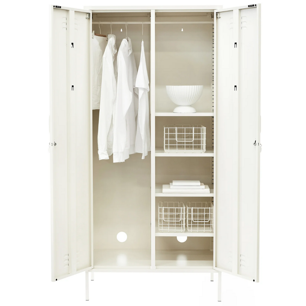 White wardrobe with clothes and shelves on a white background
