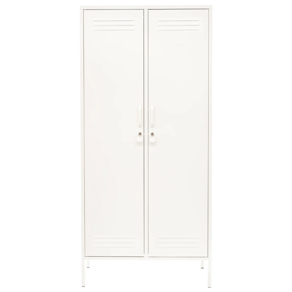 White double door with horizontal slats on a white background