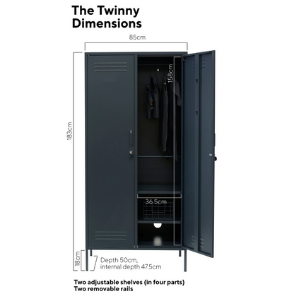 Black locker with dimensions labeled on a white background