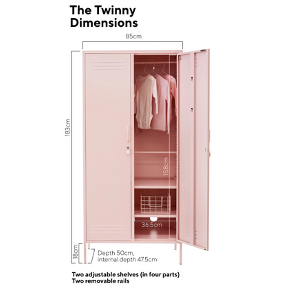 Pink locker with dimensions labeled on a white background