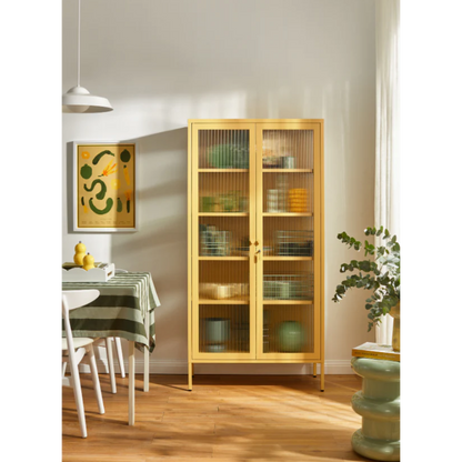 Glass panel mustard cabinet in dining room