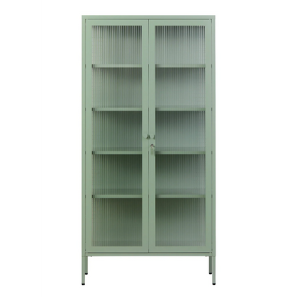 Sage green cabinet with glass panels on a white background