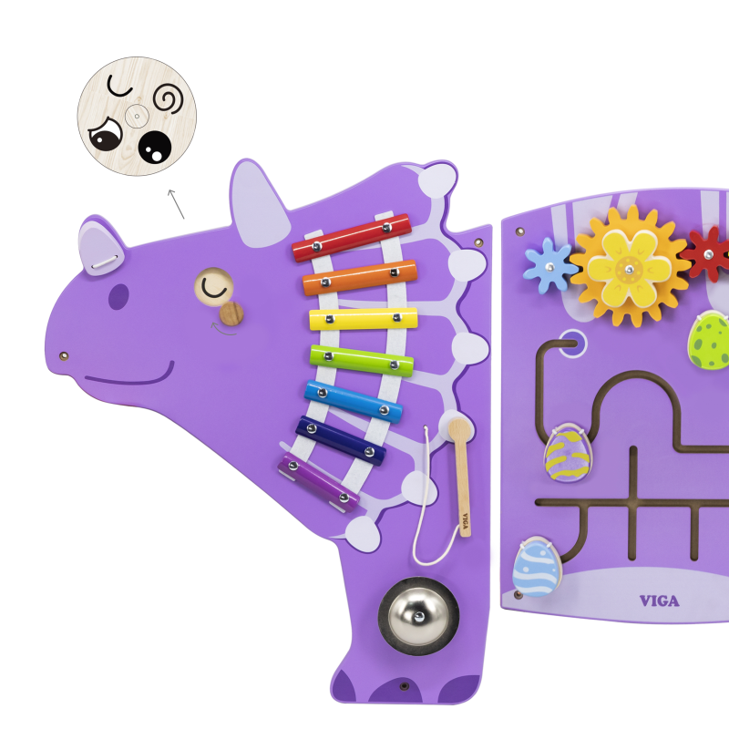 Purple Dinosaur interactive wall panel with a changing eye mechanism 
